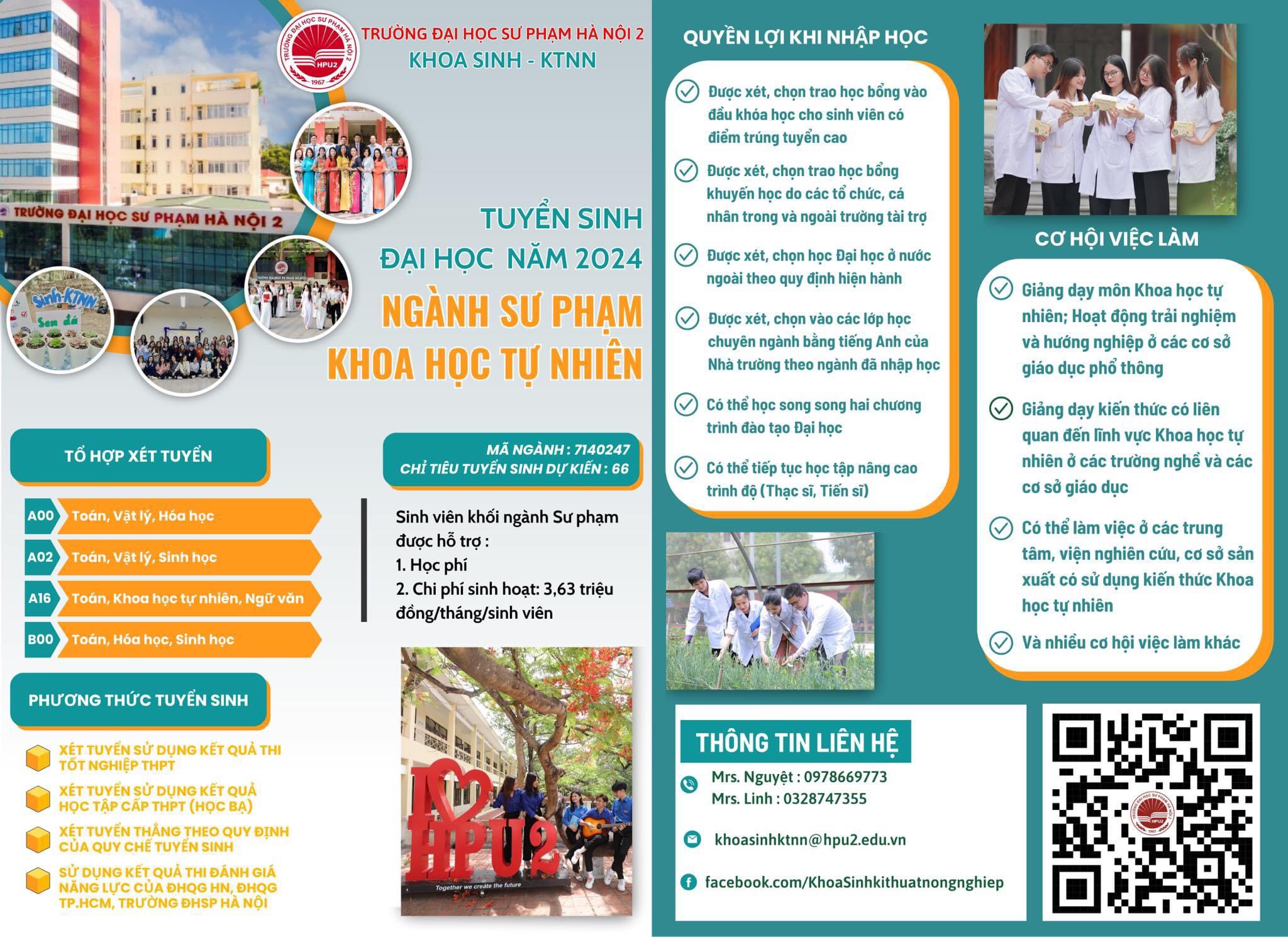 KHOA SINH - KTNN TRƯỜNG ĐẠI HỌC SƯ PHẠM HÀ NỘI 2, THÔNG BÁO TUYỂN SINH NGÀNH SƯ PHẠM KHOA HỌC TỰ NHIÊN NĂM 2024